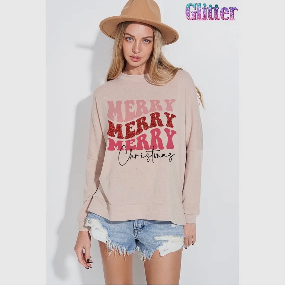 Merry Christmas taupe glitter top NWT